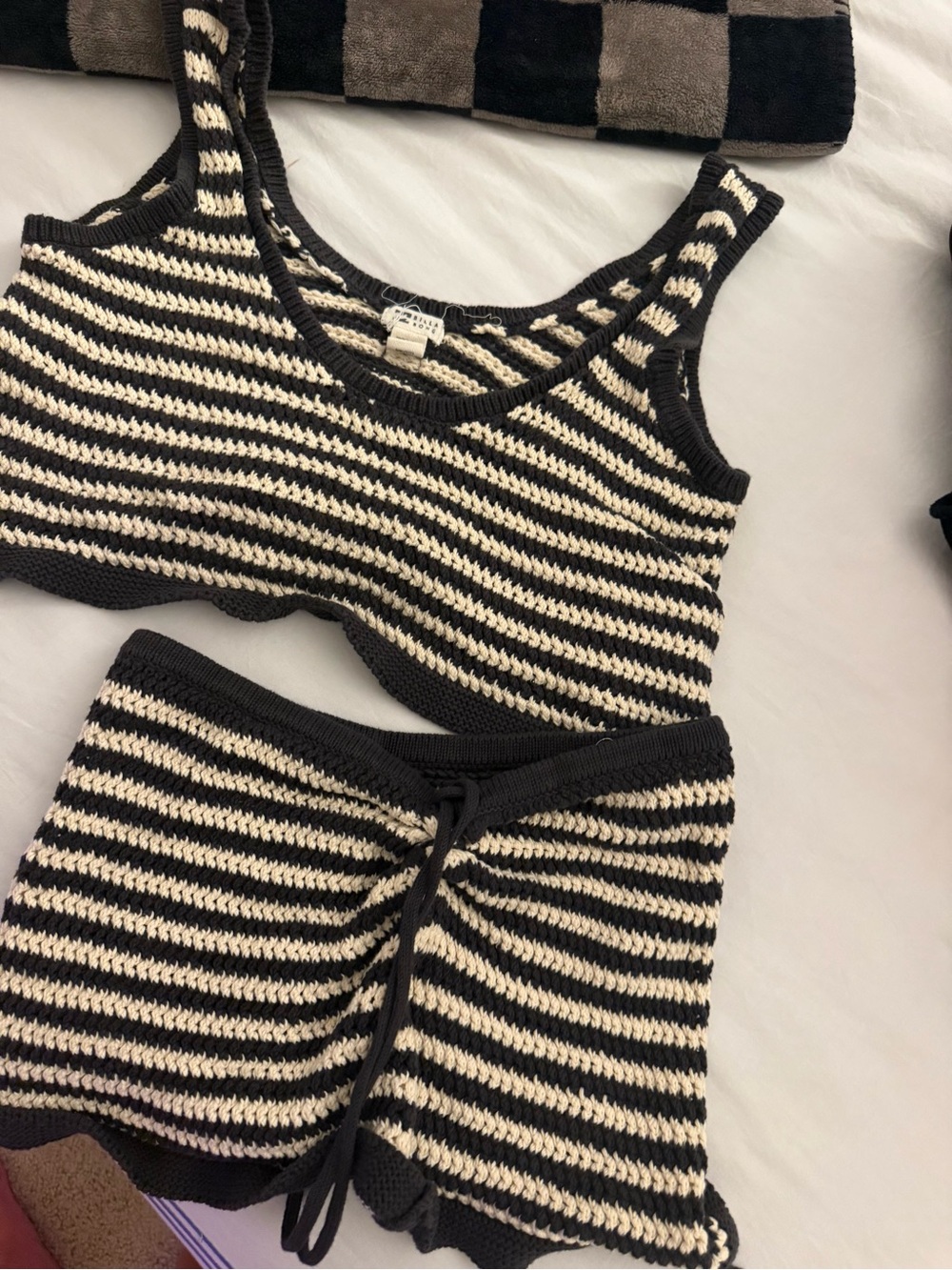 Striped Knit Crop Tank and Shorts Set - Black & Cream billabong set